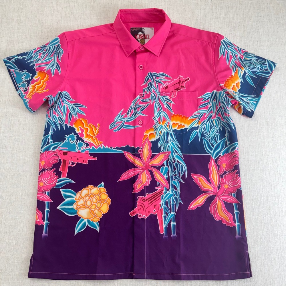 Retro Rifle Scarface V2 Pink Purple Tropical Gun Print Button Down Shirt Mens L